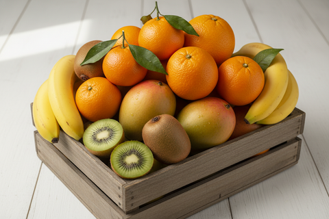 Kiste mit Clementinen, Orangen, Mango, Kiwi, Bananen